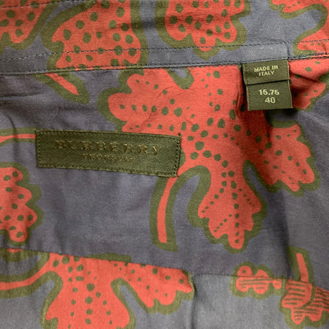 BURBERRY PRORSUM Fall 2014 Size M Navy & Burgundy Leaf Print Cotton / Silk Long Sleeve Shirt