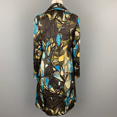 MARNI Talla 6 Abrigo abotonado de seda / lana con estampado marrón y azul