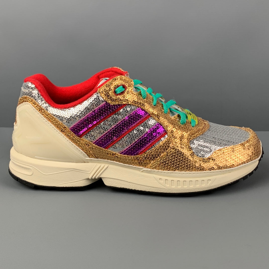 ADIDAS Size 8.5 Gold Silver Sequined Lace Up Torsion ZX 6000 Sneakers