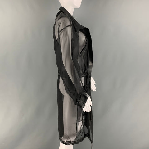 RALPH LAUREN Size S Black Silk See Through Leather Trim Drawstring Coat