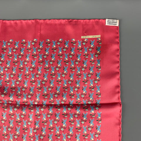 HERMES Red Blue Figures Silk Twill Pocket Square