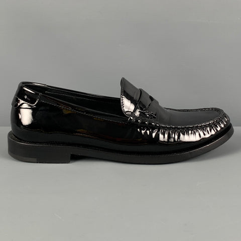 SAINT LAURENT Talla 7.5 Mocasines Penny con monograma de charol negro