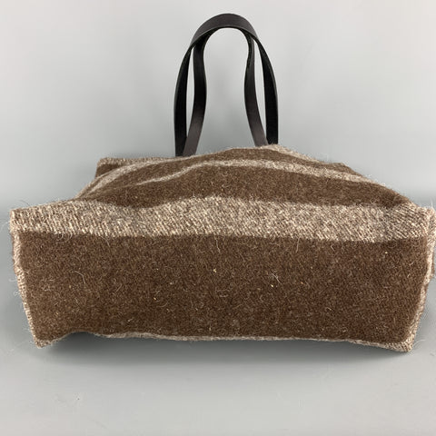 STEVE MONO Striped Textured Brown Wool Black Leather Straps Tote Bag