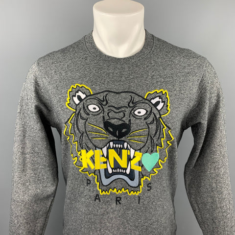 KENZO Size M Gray & Yellow Tiger Embroidered Cotton Crew-Neck Pullover