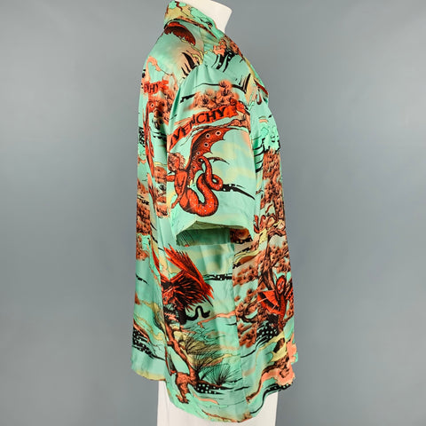 GIVENCHY Size L Green Red Orange Print Silk Camp Short Sleeve Shirt