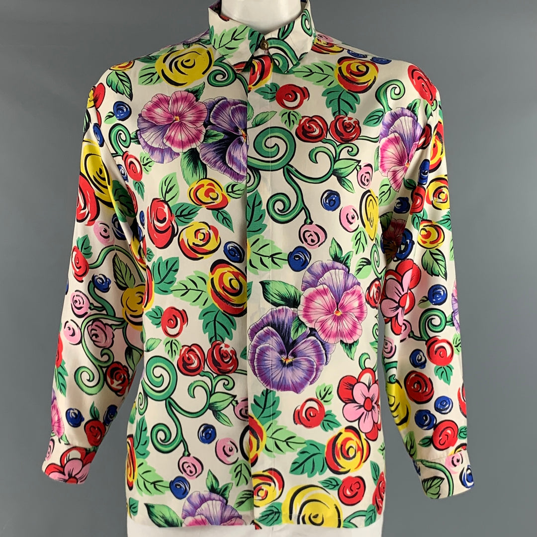 VERSUS by GIANNI VERSACE Size M White Multi-Color Floral Silk Long Sleeve Shirt
