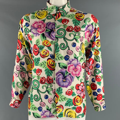 VERSUS par GIANNI VERSACE Taille M Chemise à manches longues en soie florale multicolore blanche