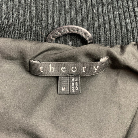 THEORY Size M Black Quilted Lamb Skin Leather Zip Up Hooded Jacket