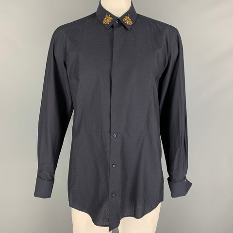 DOLCE & GABBANA Size XL Navy Rhombus Cotton Beaded Royal Bees Long Sleeve Shirt