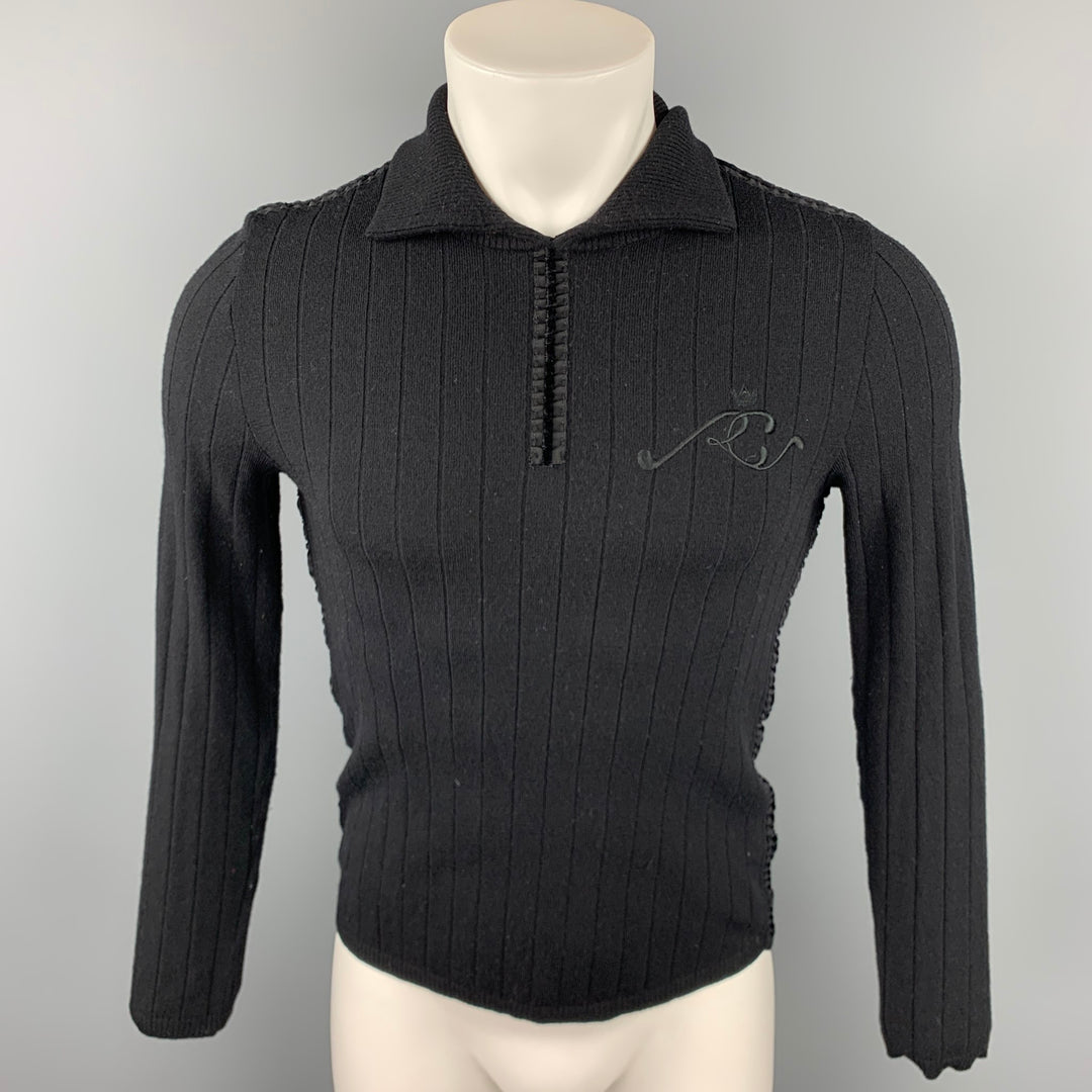 ROBERTO CAVALLI Size M Black Ribbed Wool Blend Spread Collar Pullover Sweater