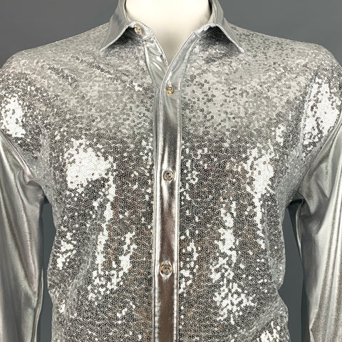 NO BRAND Size XL Silver Sequined Polyester Blend Button Up Long Sleeve Shirt