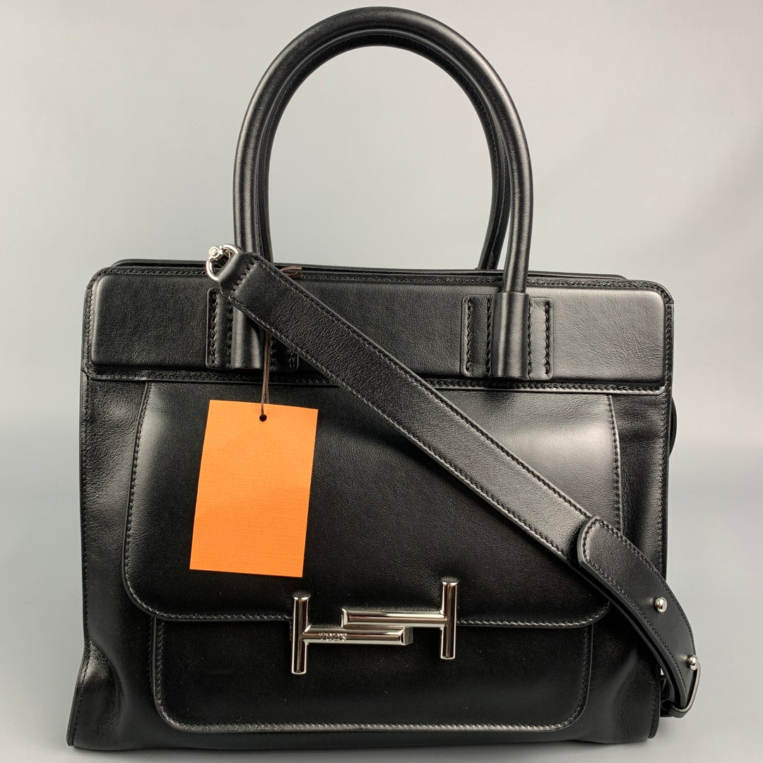 TOD'S Double T Black Smooth Leather Tote Handbag