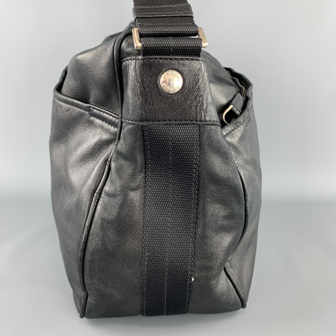 PRADA Black Leather Enamel Logo Crossbody Messenger Bag