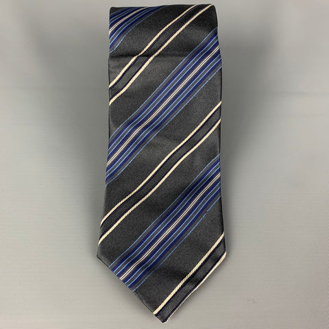CANALI Grey Blue White Diagonal Stripe Silk Neck Tie