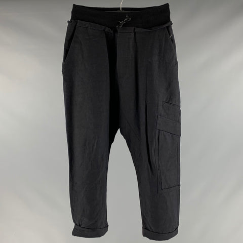 ISABEL BENENATO Taille 32 Pantalon décontracté en coton et lin bleu marine avec ceinture élastique