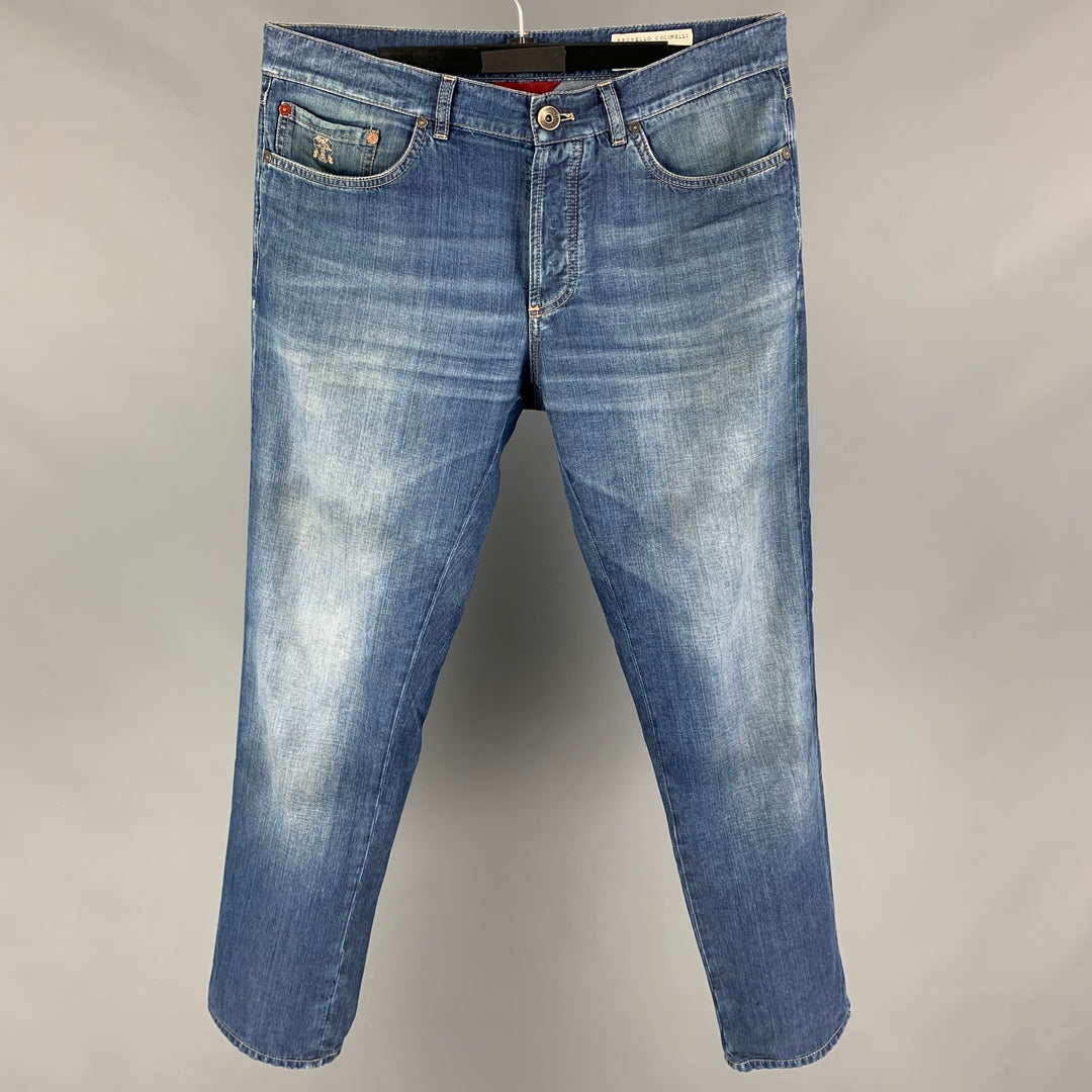 BRUNELLO CUCINELLI Size 34 Blue Washed Cotton Button Fly Jeans