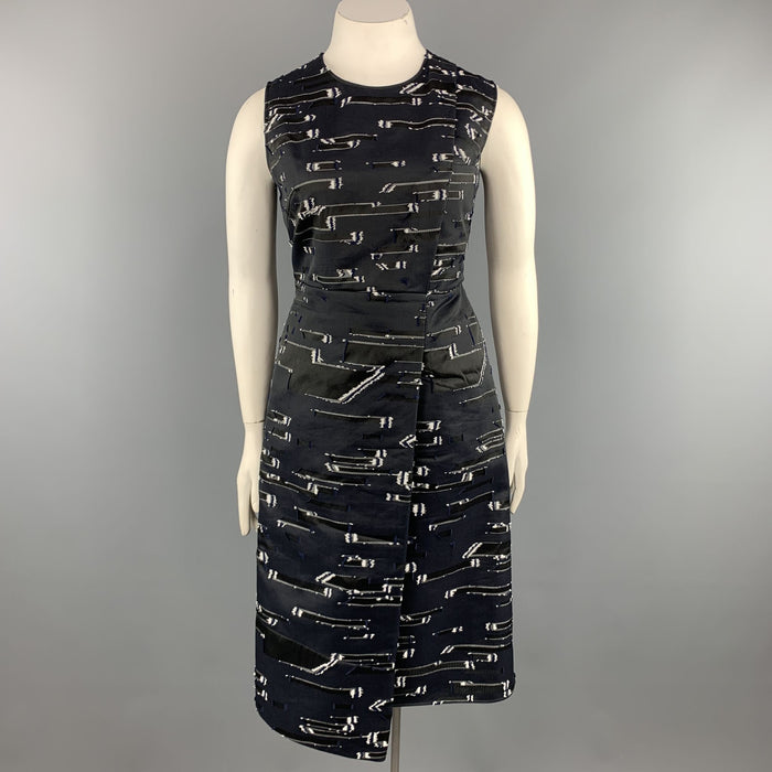 JIL SANDER Size 12 Navy & White Textured Sleeveless Cocktail Dress