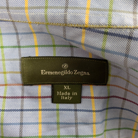 ERMENEGILDO ZEGNA Size XL Blue Multi-Color Checkered Cotton Long Sleeve Shirt