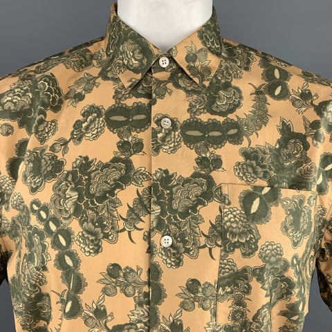 DRIES VAN NOTEN Taille XL Chemise à manches courtes en coton floral doré et vert avec ourlet en bronze