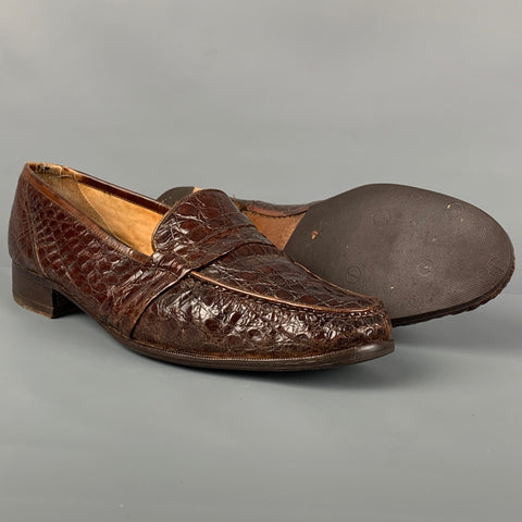 Vintage SANDRO MOSCOLONI Size 11 Brown Textured Crocodile Penny Loafers
