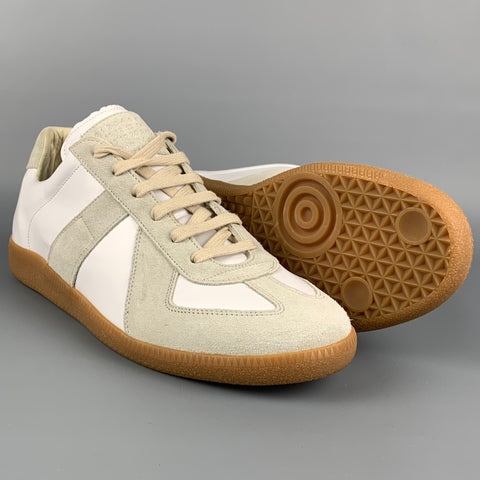 MAISON MARGIELA Talla 11 Zapatillas réplica de cuero con cordones y bloques de color blanco
