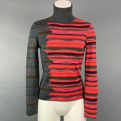 M MISSONI Taille 6 Gris &amp; Rouge Mérinos Color Block Laine / Acrylique Pull à col roulé