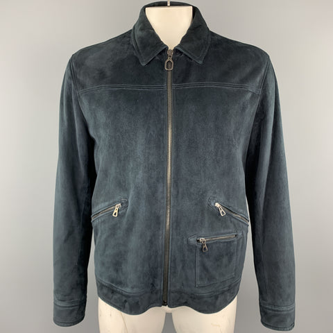 LANVIN Size L Navy Suede Zip Blouson Jacket