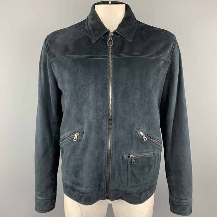 LANVIN Size L Navy Suede Zip Blouson Jacket