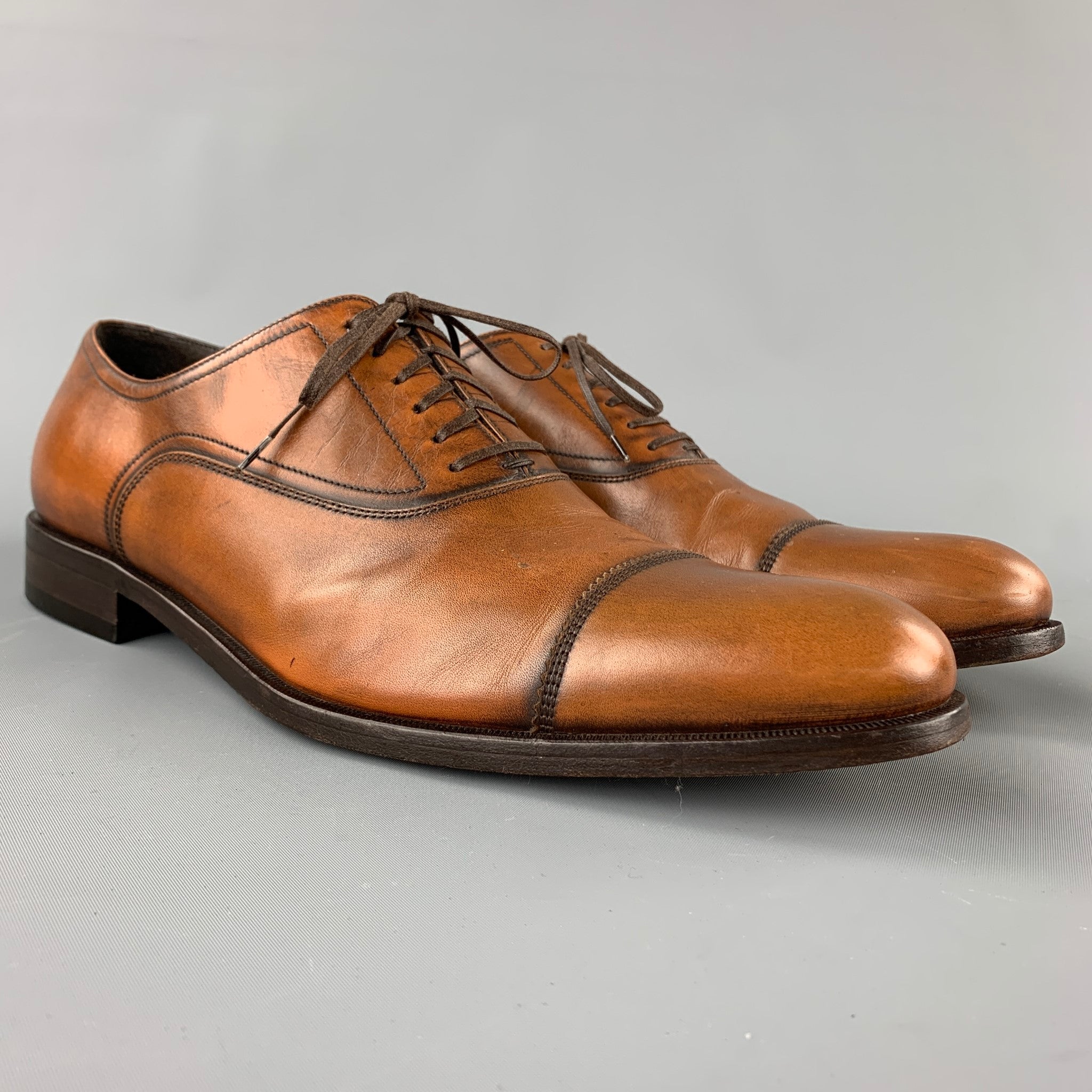 SALVATORE FERRAGAMO Studio Size 12 Tan Antique Leather Lace Up Shoes Sui Generis Designer Consignment