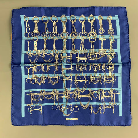 HERMES Mors & Filets Blue White Equestrian Silk Twill Pocket Square