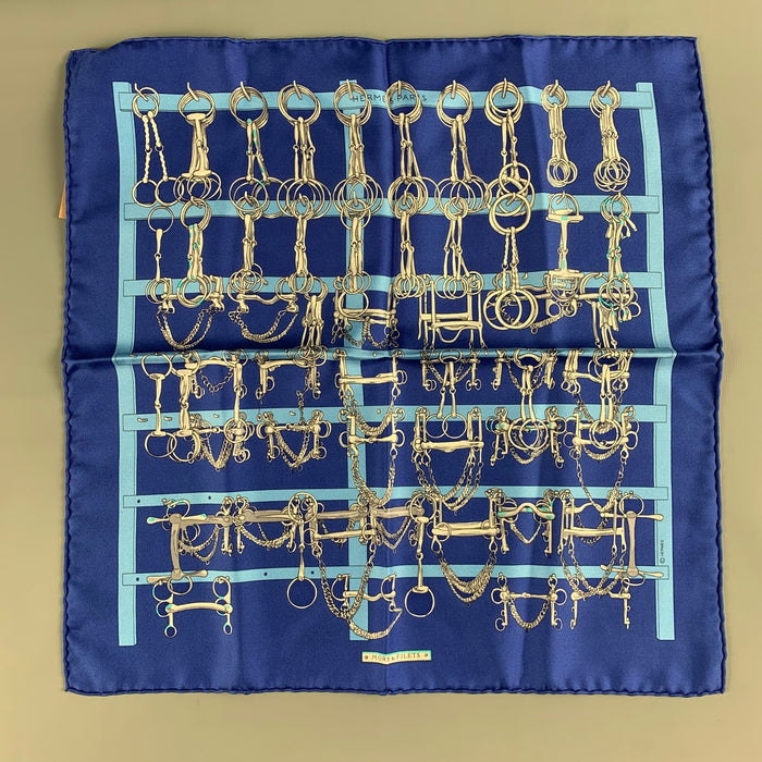 HERMES Mors & Filets Blue White Equestrian Silk Twill Pocket Square