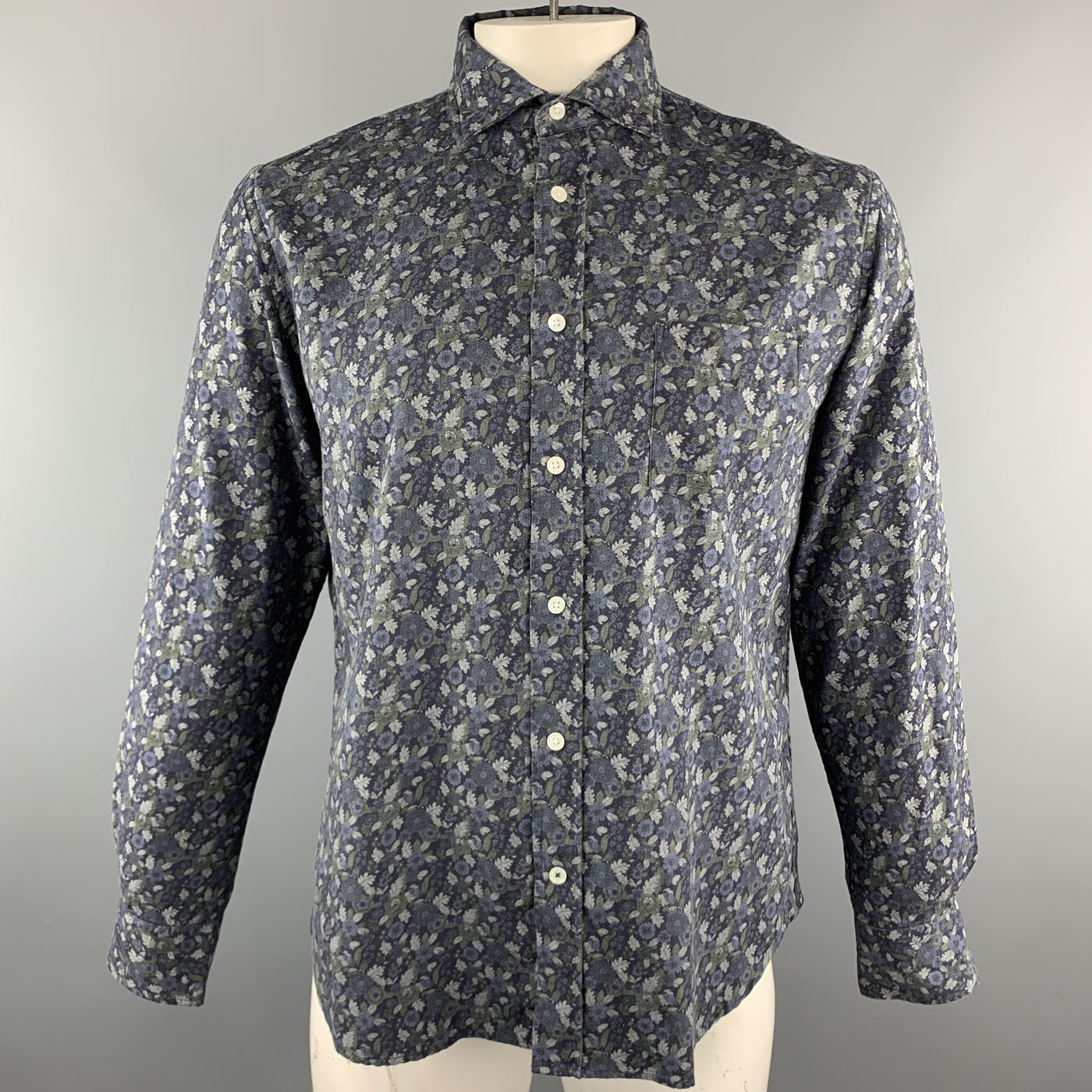 HARTFORD Size L Navy & Grey Floral Cotton Button Up Long Sleeve Shirt