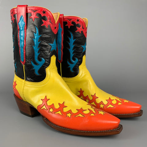 LUCCHESE 2020 Talla 10.5 Botas personalizadas de vaquero de cuero con apliques multicolores