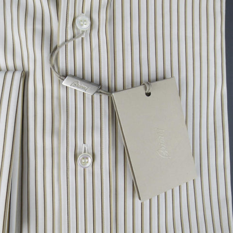 New BRIONI Size M White & Brown Striped Cotton Long Sleeve Shirt