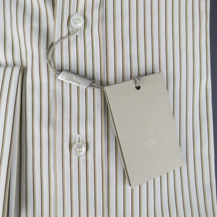 Nouveau BRIONI taille M chemise à manches longues en coton rayé blanc &amp; marron