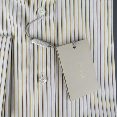 New BRIONI Size M White & Brown Striped Cotton Long Sleeve Shirt