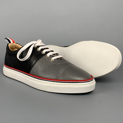 THOM BROWNE Size 6 Grey & Black Color Block Leather Cap Trainer Sneakers