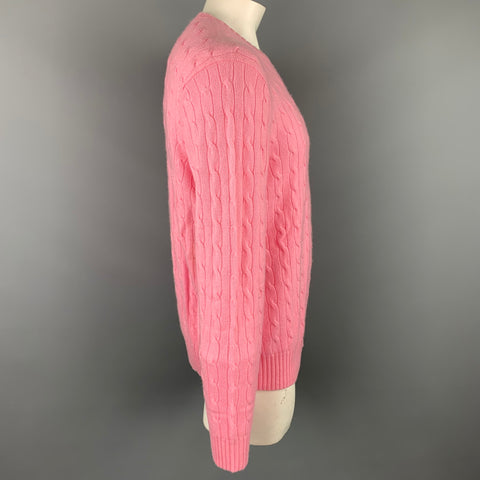 POLO by RALPH LAUREN Size XXL Pink Cable Knit Cashmere Crew-Neck Sweater