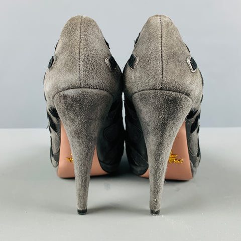 PRADA Size 5 Grey Black Suede Aplique Platform Pumps
