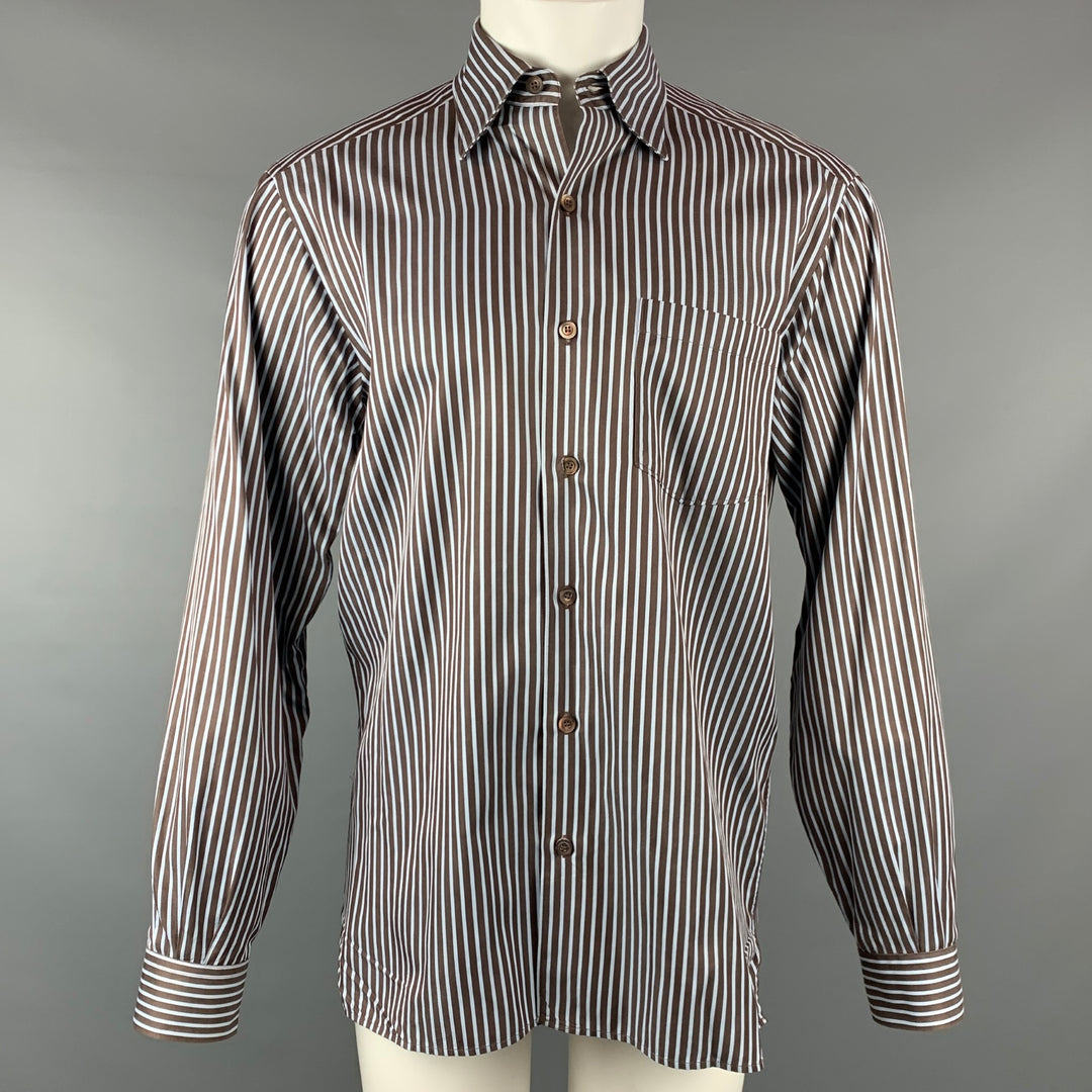 ERMENEGILDO ZEGNA Size M Brown & Light Blue Stripe Cotton Long Sleeve Shirt