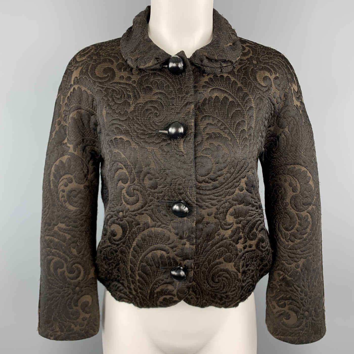 LANVIN Size 4 Black & Brown Brocade Cropped Jacket