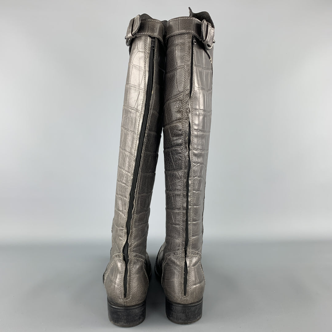 HENRY BEGUELIN Size 8.5 Grey Crocodile Embossed Leather Knee High Boots