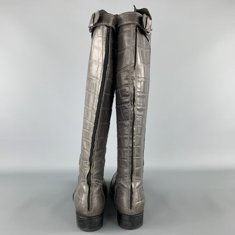 HENRY BEGUELIN Talla 8.5 Botas hasta la rodilla de piel con relieve de cocodrilo gris