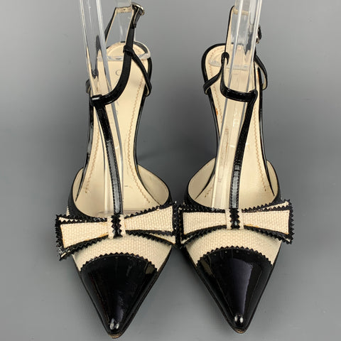 CASADEI Size 5.5 Cream Linen Color Block T-Strap Pumps