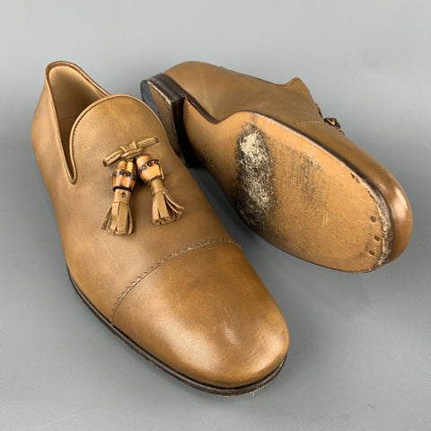 GUCCI Size 11 Tan Solid Leather Tassel Slip On Loafers