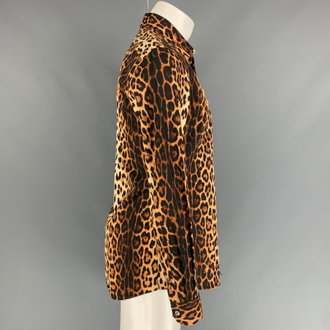 MOSCHINO Talla M Camisa de manga larga con botones de algodón con estampado de leopardo color tostado y negro