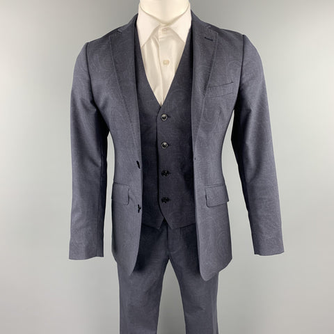 ETRO Size 34 Dark Gray Paisley Wool Notch Lapel 3 Piece Suit