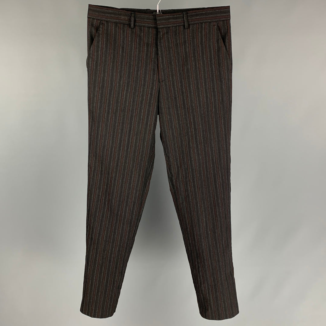 PAUL SMITH Talla 32 Pantalones de vestir con parte delantera plana de mezcla de lana a rayas negras y rojas