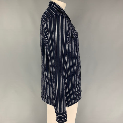 SHADES OF GREIGE Size L Navy White Stripe Viscose Blend Long Sleeve Shirt