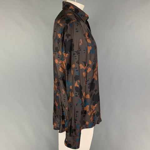 SALVATORE FERRAGAMO Size XL Brown Print Silk Button Up Long Sleeve Shirt